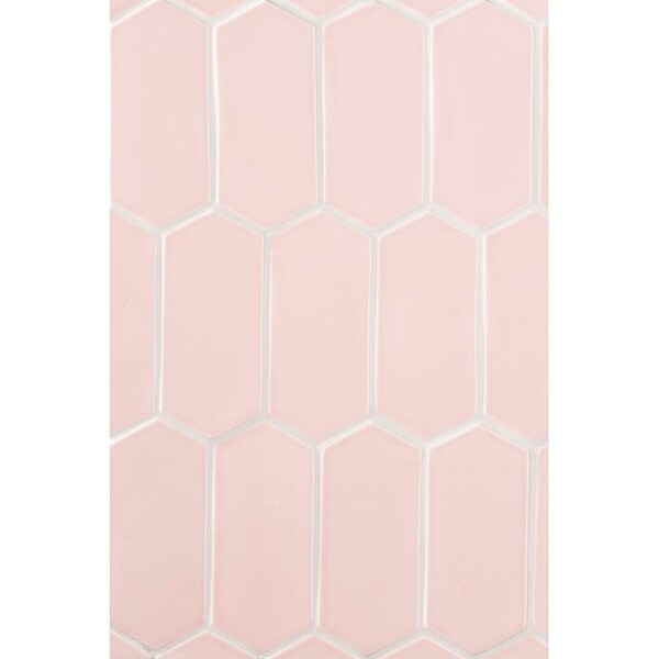 Rosie glossy picket ceramic tile in blush pink elongated hexagon shape by Country Floors