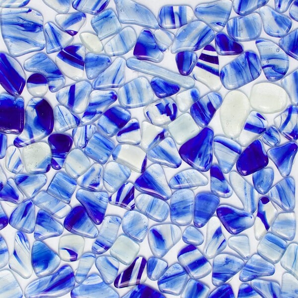 Azzurro glossy glass mosaic in vibrant blue and translucent pebble style by Country Floors