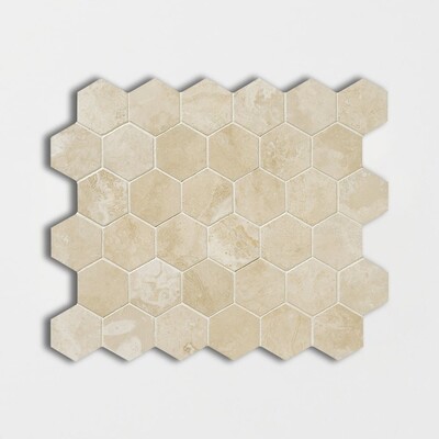 Ivory Honed Filled Hexagon Travertine Mosaic 10 3/8x12