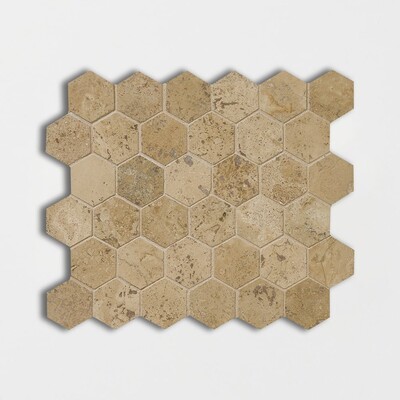 Walnut Dark Honed Filled Hexagon Travertine Mosaic 10 3/8×12 Image