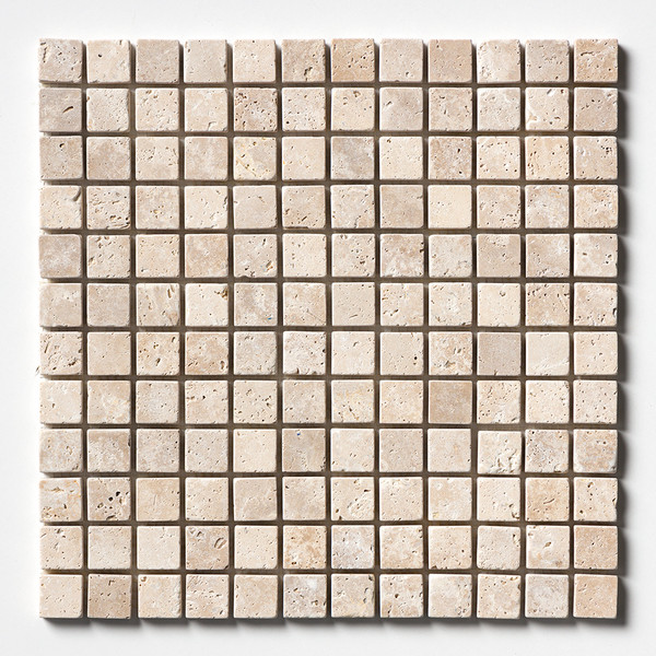 Ivory tumbled travertine mosaic tile rustic small square natural texture by Country Floors
