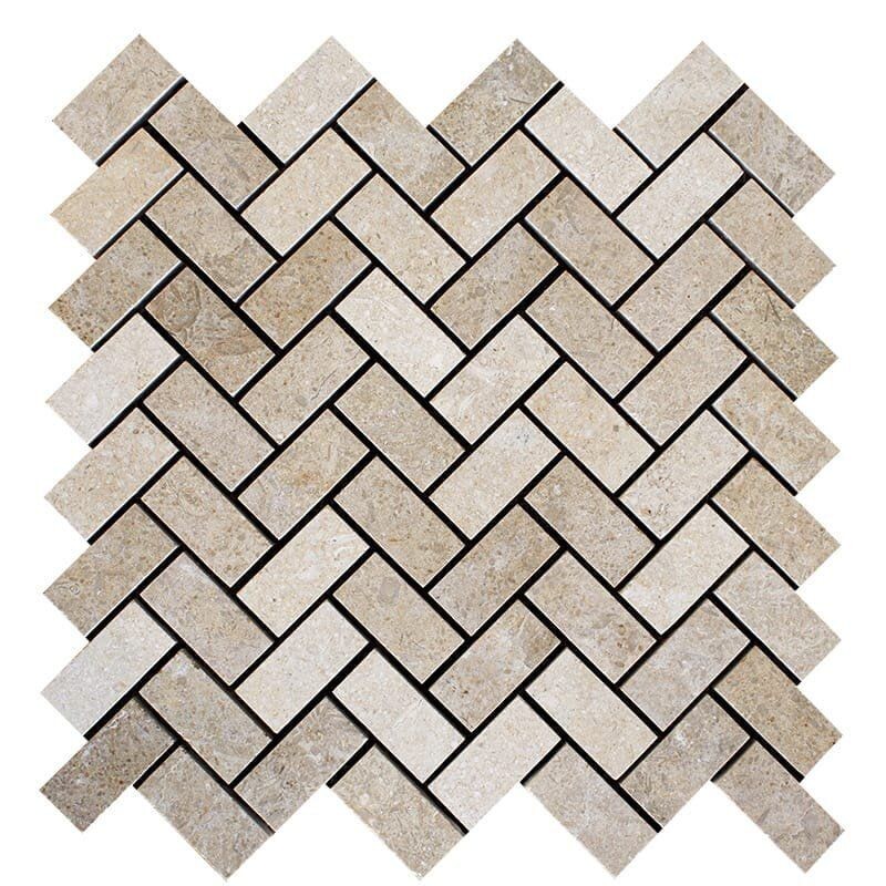 Seashell Honed Herringbone Limestone Mosaic 12 1/8×13 3/8 Image