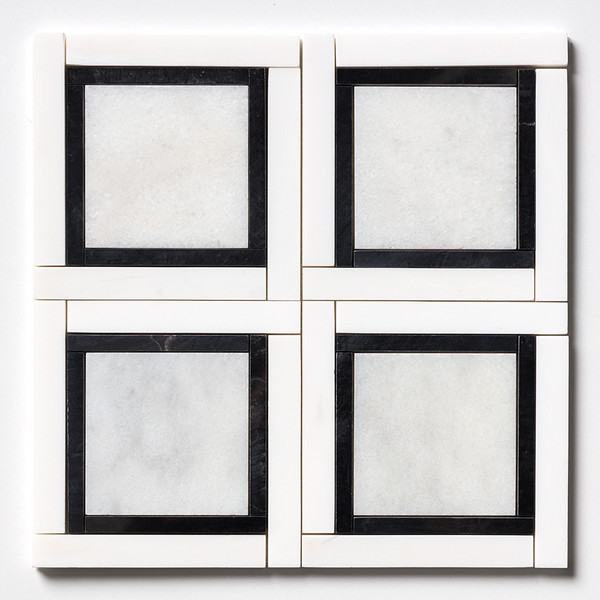 Glacier, Black, Snow White Multi Finish Cambridge Marble Mosaic 12 7/8×12 7/8 Image