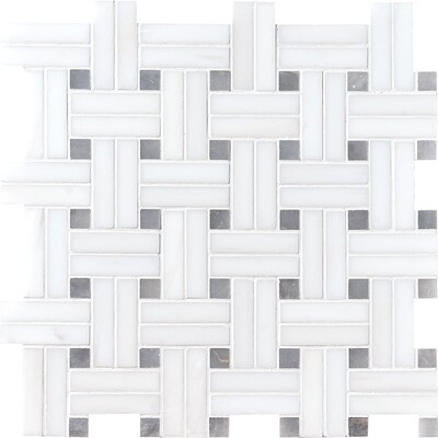Snow White Polished Diagonal Basket Weave Marble Mosaic 12x12