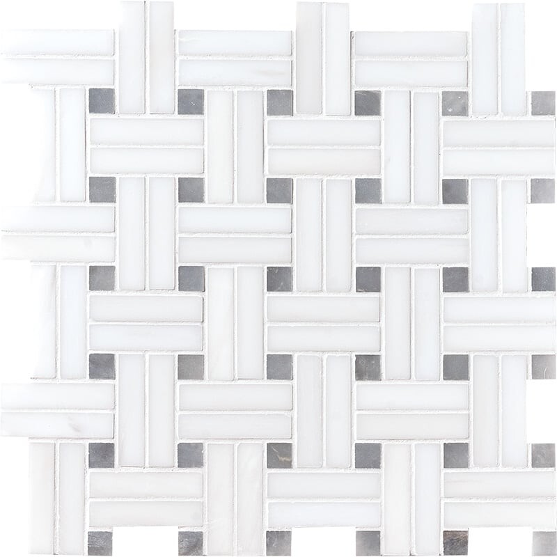 Snow White Polished Diagonal Basket Weave Marble Mosaic 12x12