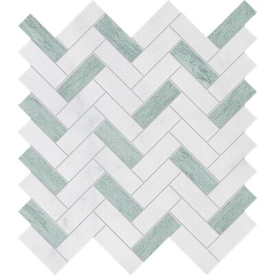 Verde Capri, Avalon Leather Herringbone 5/8x2 Marble Mosaic 12 1/8x13 3/8