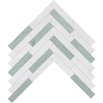 Verde Capri, Glacier Leather Large Herringbone Marble Mosaic 12 7/8×8 9/16 Image