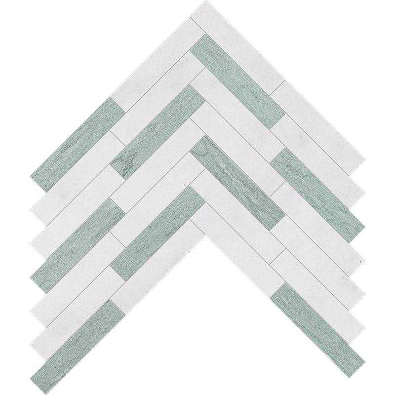 Verde Capri, Glacier Leather Large Herringbone Marble Mosaic 12 7/8×8 9/16 Image