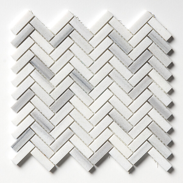 Azulejo de mosaico de mármol Frost White en espiga pulida de 5/8 x 2 pulgadas con acabado blanco clásico de Country Floors