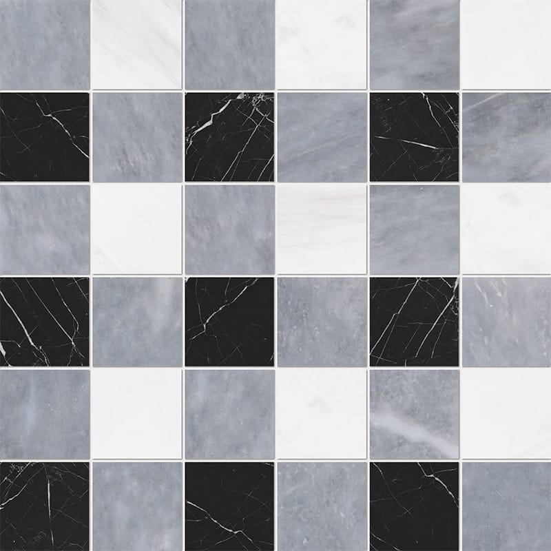Allure Light, Snow White, Black Honed 2x2 Marble Mosaics 12x12
