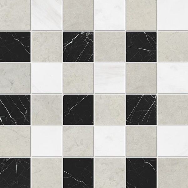 Britannia Light, Snow White, Black Honed 2×2 Limestone Mosaic 12×12 Image