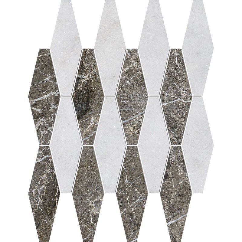 Avalon, Silver Drop Polished Rhomboid Blend Marble Mosaic 11x14 15/16