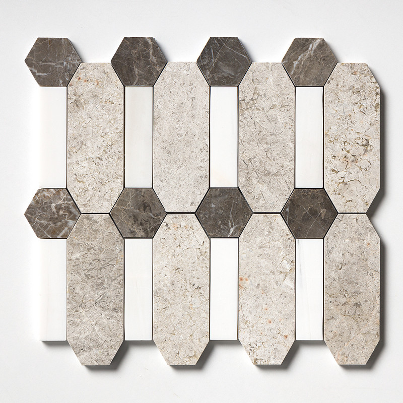 Silver Clouds, Snow White, Arctic Gray Multi Finish Pillar Marble Mosaic 13×13 Image