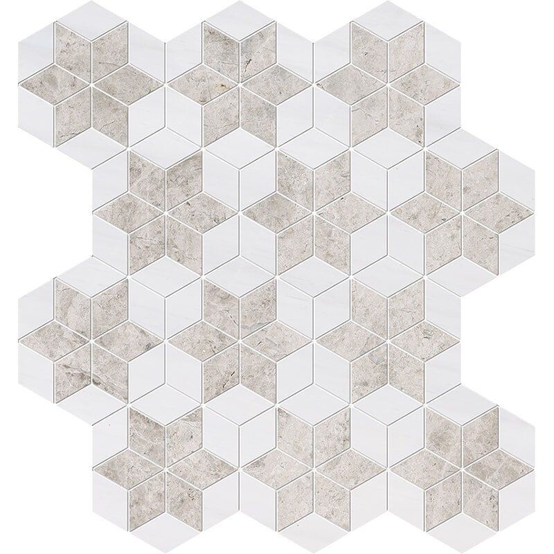 Silver Clouds, Snow White Multi Finish Stars Marble Mosaic 14 3/16x14 15/16