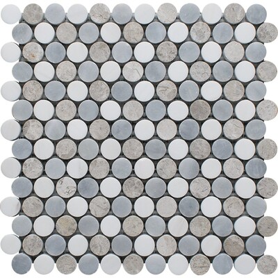 Snow White, Silver Shadow, Allure Light Multi Finish Penny Round 6 Marble Mosaic 10 1/16x11 13/16