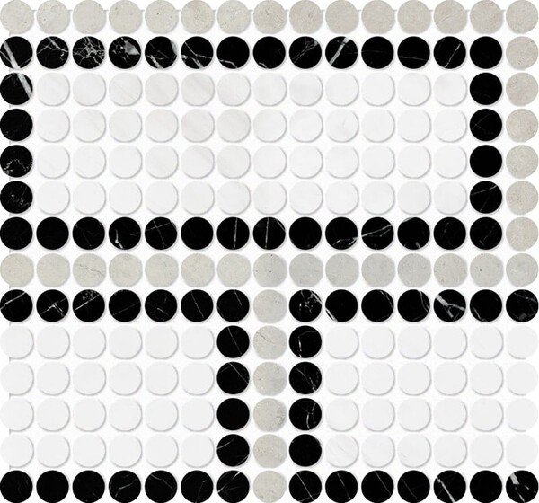 Black and white penny round limestone mosaic offset pattern classic contrast design by Country Floors