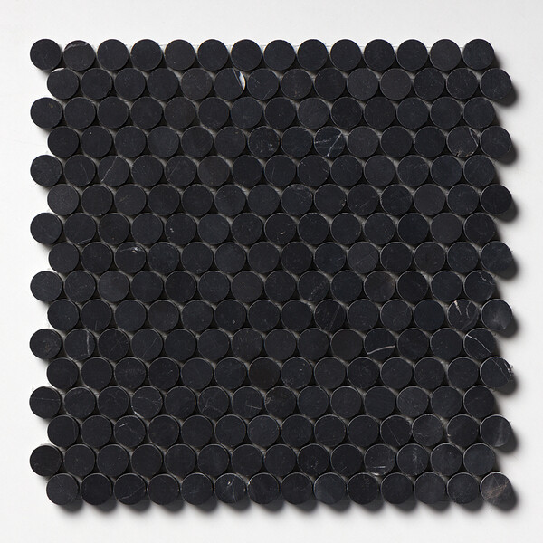 Black honed penny round marble mosaic circular pattern matte natural stone by Country Floors
