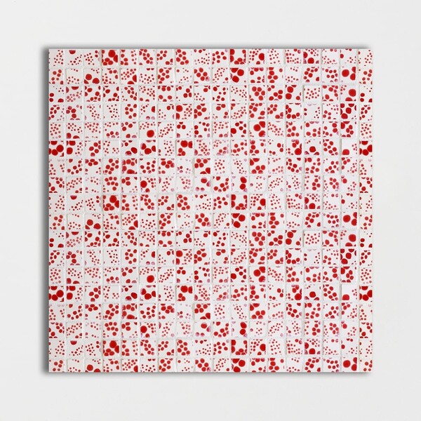 Ruby glossy polka colore look ceramic mosaic tile in red and white by Country Floors
