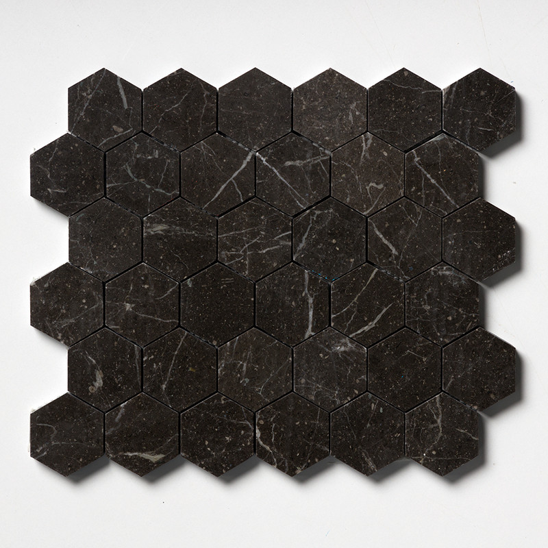 Iris Black Honed Hexagon Marble Mosaic 10 3/8x12