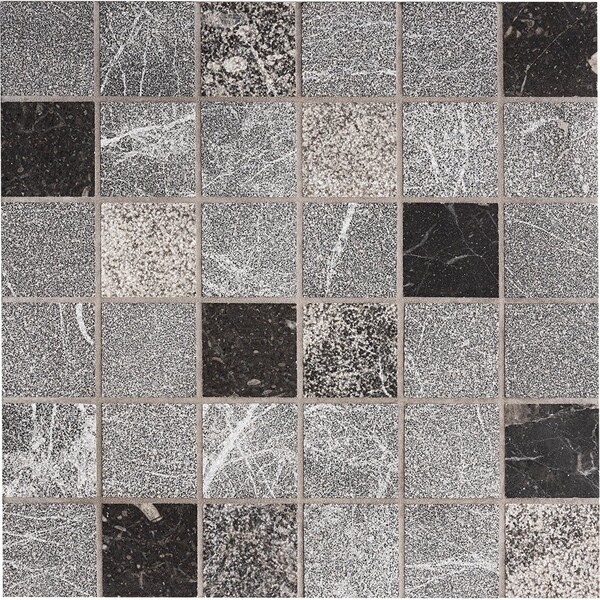 Iris Black textured 2x2 marble mosaic tile in mixed dark gray and black tones by Country Floors