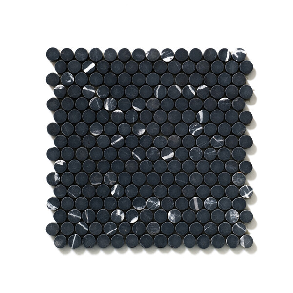 Black Tumbled Penny Round Marble Mosaic 11 1/4×11 3/4 Image