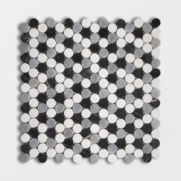Black, Snow White, Allure Honed Penny Round Marble Mosaic 11 1/4×11 3/4 Image