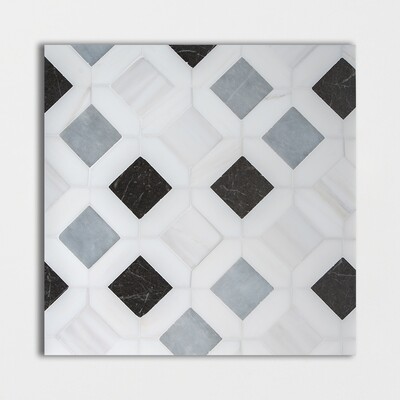 Allure L, Iris Black, Bianco Dolomiti Cl Honed Louna Marble Mosaic 12 5/8x12 5/8