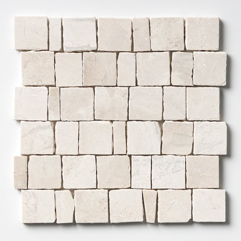 Diana Royal Leather Scarpa Rough Cut Marble Mosaic sheet shown from above, displaying the full staggered pattern of hand-clipped rectangular beige marble pieces with warm golden-brown veining across a 12x12 inch panel.