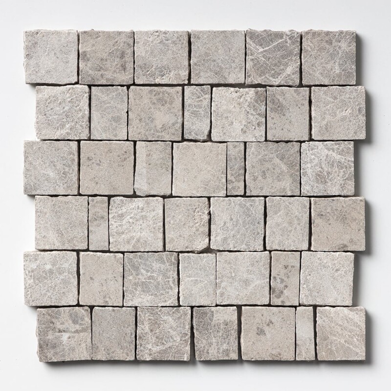 Maroon Di Notte Leather Scarpa Rough Cut Marble Mosaic sheet shown from directly above, displaying the full staggered pattern of hand-clipped rectangular deep maroon marble pieces with dark veining across a 12x12 inch panel.