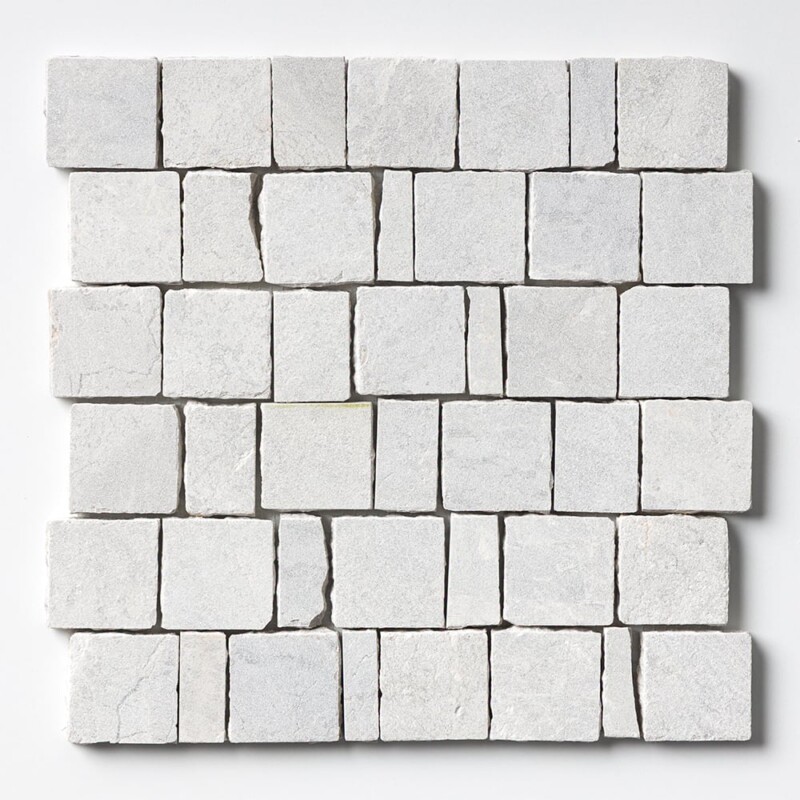Silver Shadow Leather Scarpa Rough Cut Marble Mosaic sheet shown from directly above, displaying the full staggered pattern of hand-clipped rectangular grey marble pieces with soft tonal veining across a 12x12 inch panel.