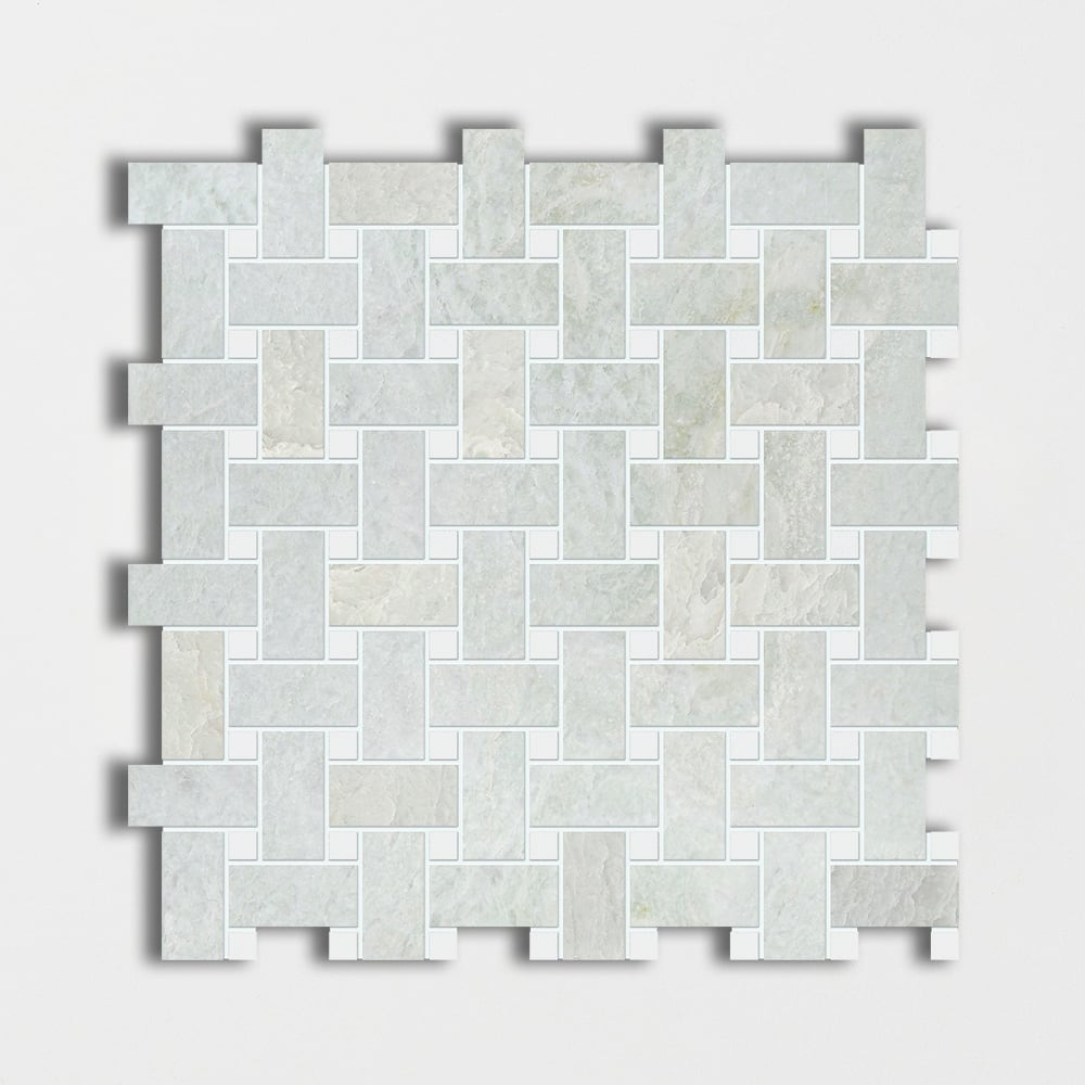 Ming Green&thassos White Polished Basket Weave Marble Mosaic 12x12