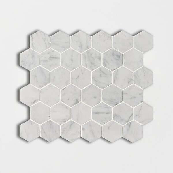 White Carrara C Honed Hexagon Marble Mosaic 12×12 Image