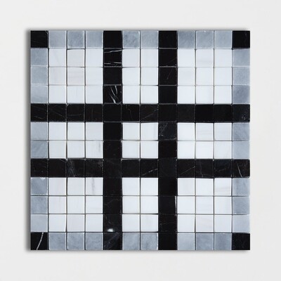 Black, Snow White, Allure Multi Finish Checker Marble Mosaic 12×12 Image