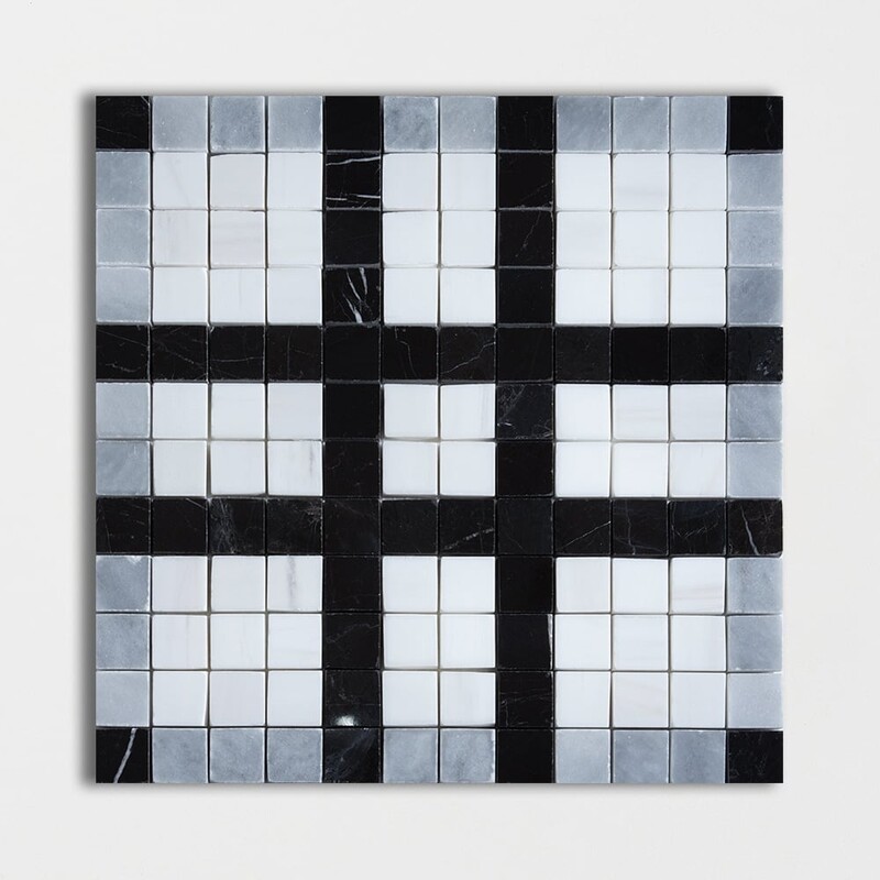Black, Snow White, Allure Multi Finish Checker Marble Mosaic 12×12 Image