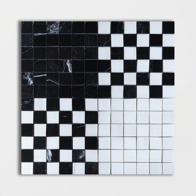 Black, Snow White Multi Finish Checker And Solid Marble Mosaic 12x12