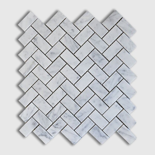 White Carrara Honed Herringbone Marble Mosaic 12 1/8×13 3/8 Image