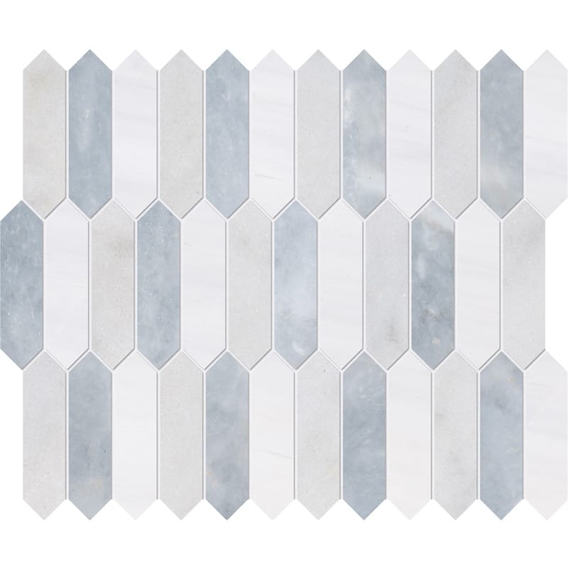 Avalon, Snow White, Allure Honed Baby Picket Marble Mosaic 13 3/16x11