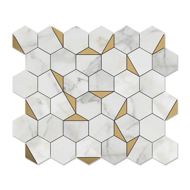 Brass, Calacatta Gold Honed Hexan Marble Mosaic 10 1/4x11 3/4
