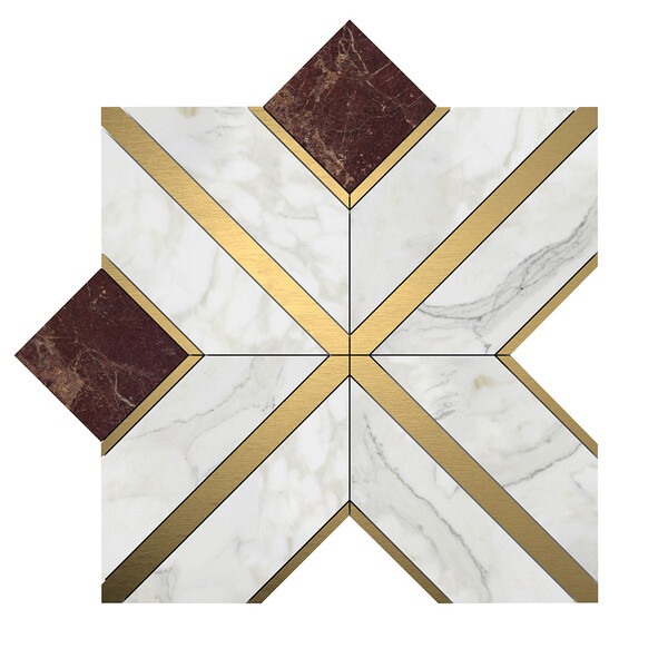 Brass, Calacatta Gold, Red Bordeaux Honed Arlo Marble Mosaic 11 15/16×11 15/16 Image