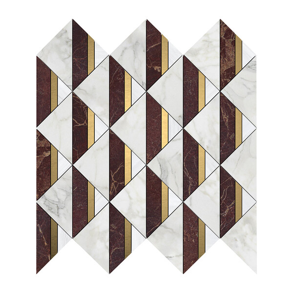 Brass, Calacatta Gold, Red Bordeaux Honed Angela Marble Mosaic 12 3/8×12 1/2 Image