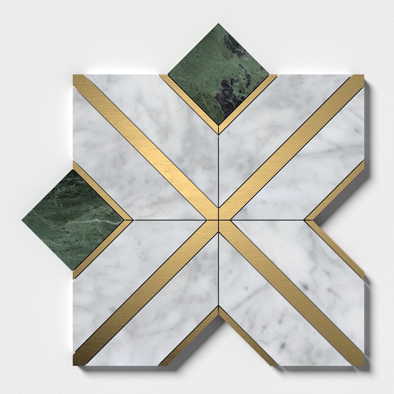 White Carrara, Brass, Verde Tia Honed Arlo Waterjet Marble Mosaics 11 15/16x11 15/16