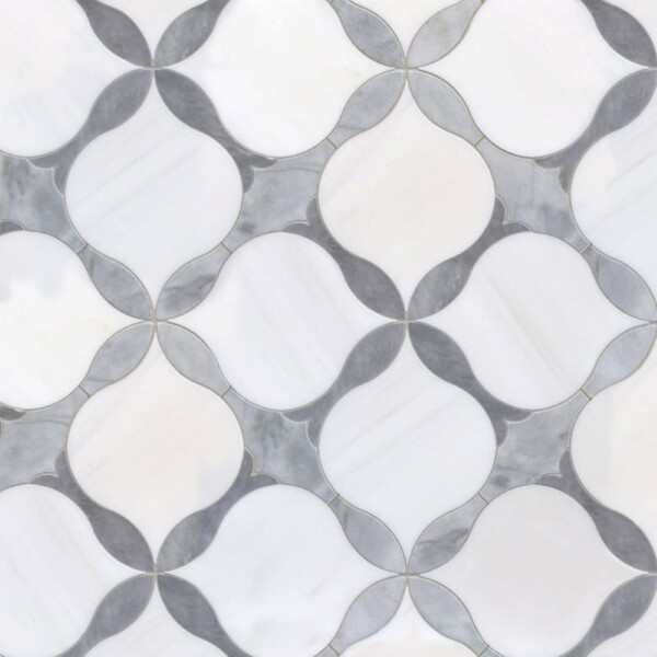 Snow White, Allure, Avenza Multi Finish Amelia Waterjet Marble Mosaic 9 5/8×9 5/8