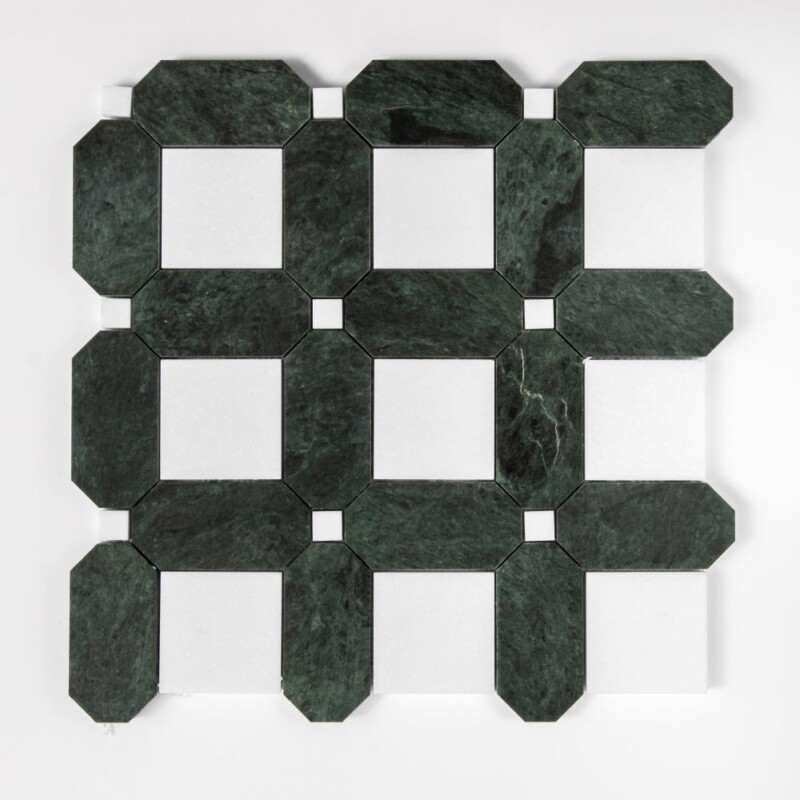 Thassos, Verde Lucia Honed Octa Marble Mosaics 10 15/16x10 15/16