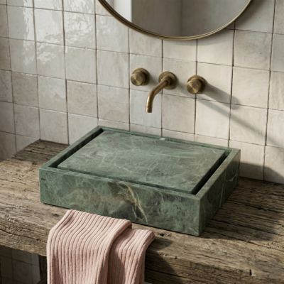 Verde Tia Honed Bauhaus Marble Sink 20×20 (SN00273), Patience Glossy Ceramic Tiles 5×5 (WSA10008)