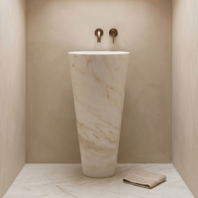Calacatta Amber Polished Round Pedestal Marble Sink (SN00290)