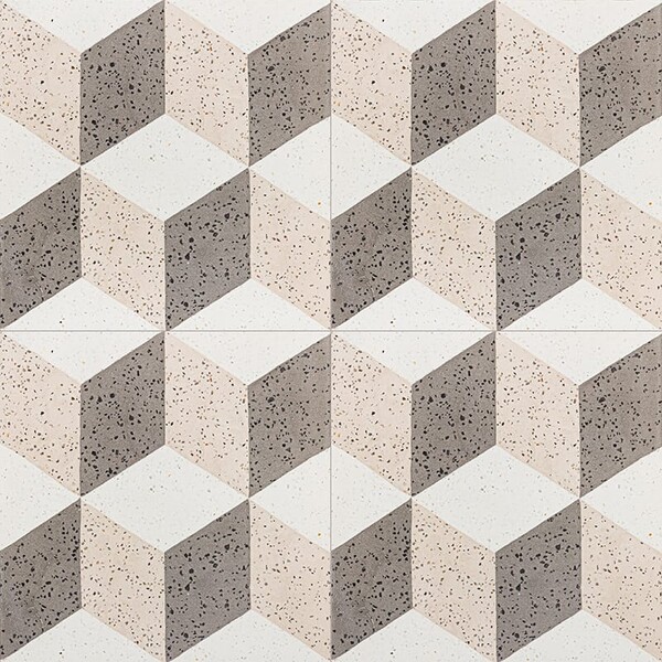 Brown, light brown and beige polished grave cement tile with geometric cube pattern by Country Floors