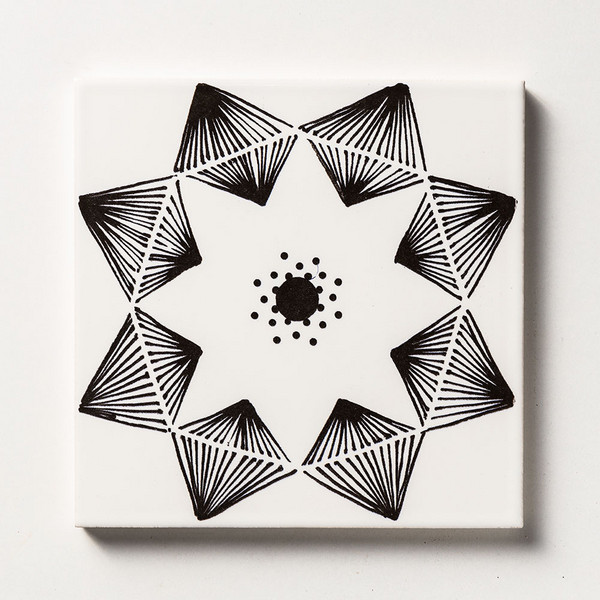 Black Diamonds glossy ceramic hand painted decorative tile with geometric star pattern by Country Floors