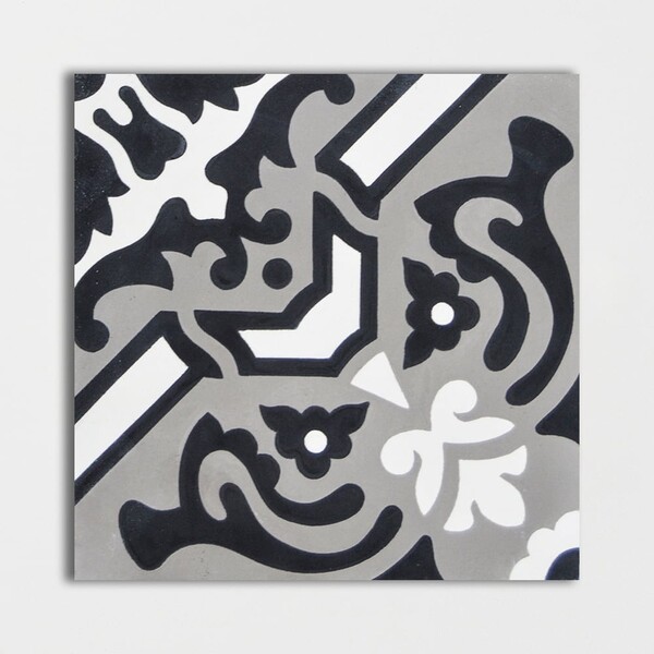 Dahlia honed cement tile with bold black and white artistic pattern by Country Floors