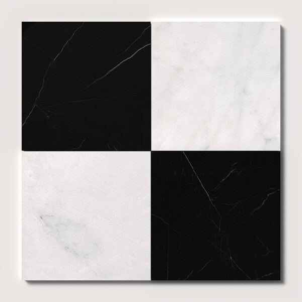 Avalon Black polished checkerboard marble tile glossy geometric floor design by Country Floors