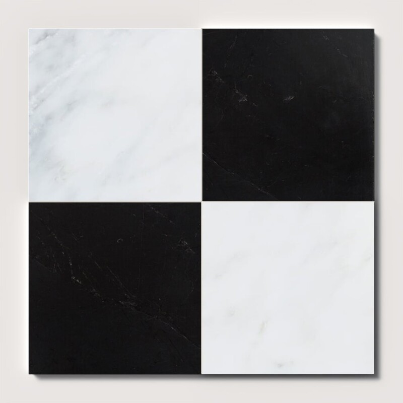 Black, Calacatta Bella Honed Checkerboard Pattern Marble Tiles 12x12